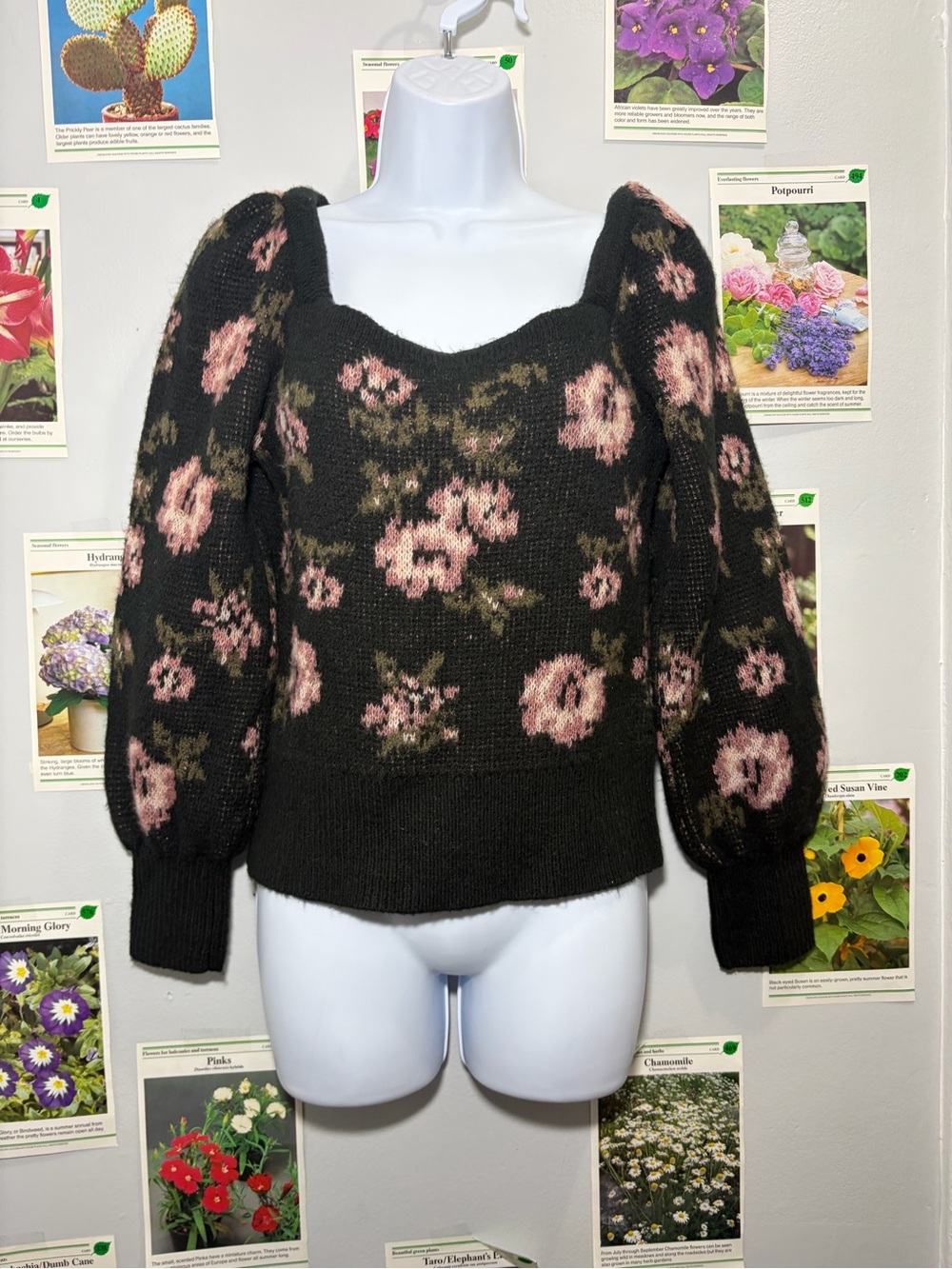 Anthropologie Black Sweater with Pink Floral Puff Sleeves